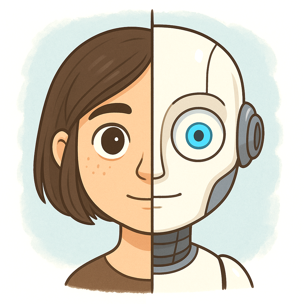 Una cabeza mitad humana y mitad robot, representa a los usuarios sintéticos